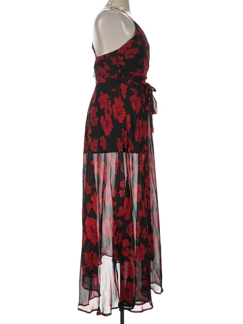 NWT Lulus Black & Red Floral High-Low Maxi Dress XL Sheer Overlay Wrap Style - Picture 3 of 6